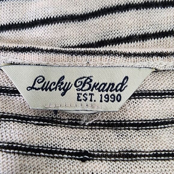 Lucky Brand Tee Womens Large Linen V Neck Top Natural Stripe Split Button Sleeve - Picture 7 of 10